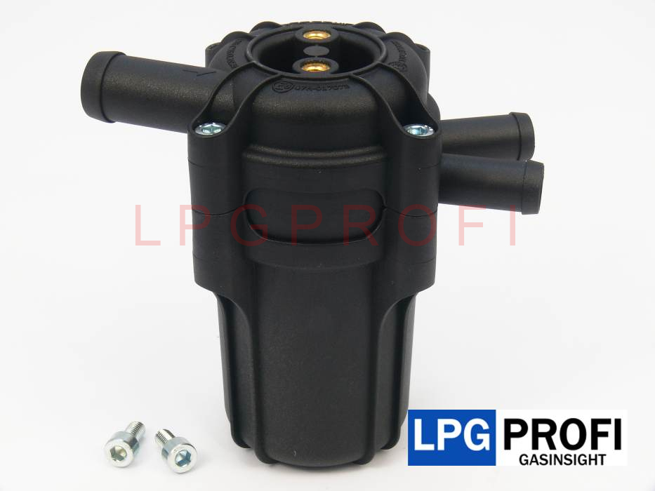 Filtr plynné fáze odstředivý, vstup 16mm a  2x výstup 12mm, vym. vložka, otoč. výstup 360°
